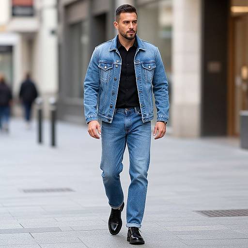 Photograph of a handsome, bearded man with short dark hair, wearing a blue denim jacket, black shirt, blue jeans, and black boots,
