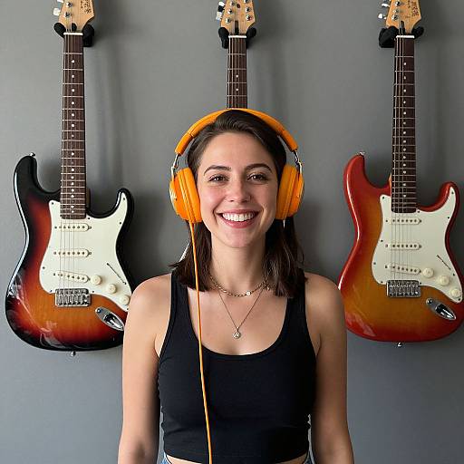 Smiling Woman with Orange Headphones and Guitars