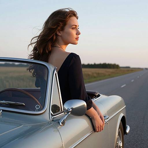 Photograph of a young woman with wavy brown hair, wearing an off-shoulder black top, sitting in a silver convertible on a deserted highway