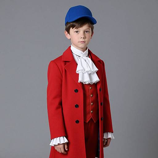 Photograph of a young boy in a red coat, white ruffled shirt, and blue cap, standing against a gray background.