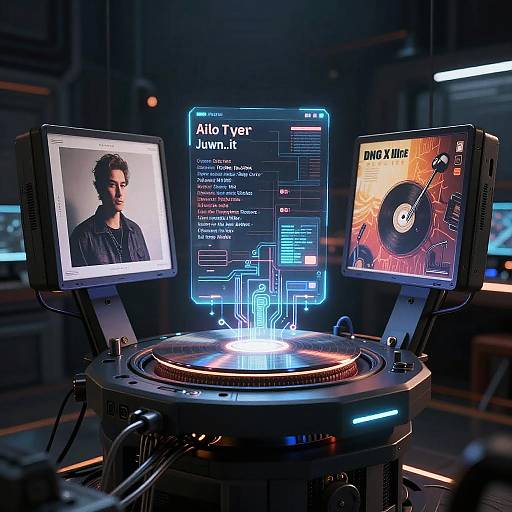 Photograph of a futuristic control center with three monitors displaying 