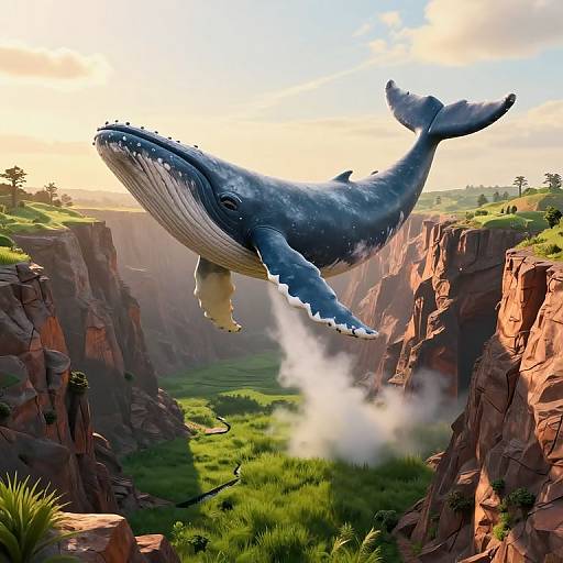 Digital artwork of a massive blue whale soaring above a lush, green valley surrounded by red-rock cliffs, with a bright, sunny sky.