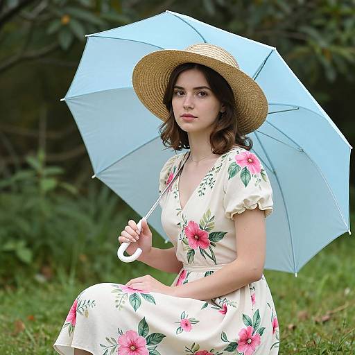 Young woman with fair skin, dark brown wavy hair, wearing a white floral dress and straw hat, holding a light blue umbrella, seated on grass