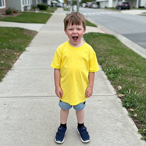 Photograph of a smiling, young boy in a bright yellow t-shirt, blue denim shorts, and black sneakers, standing on a suburban sidewalk.