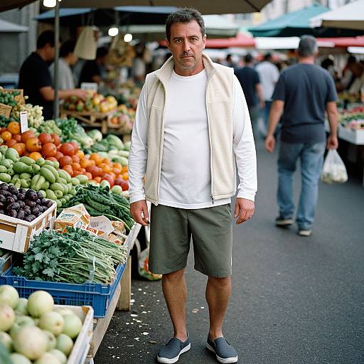 Photograph: Middle-aged man with short dark hair, white shirt, beige vest, green shorts, and gray shoes, standing in a colorful outdoor market