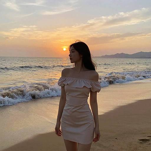 Woman in Off-Shoulder Dress at Sunset