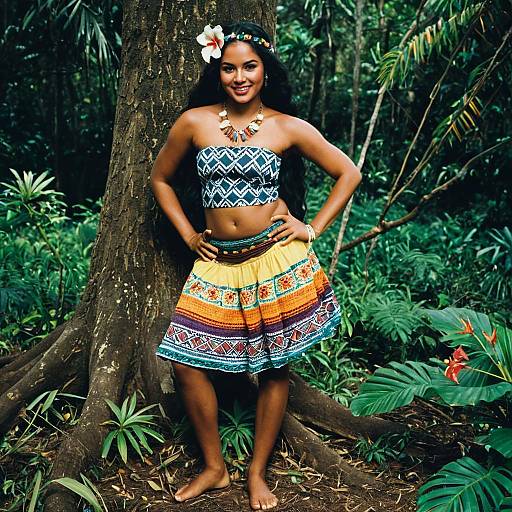 Dark-Skinned Woman in Colorful Tribal Outfit in Forest