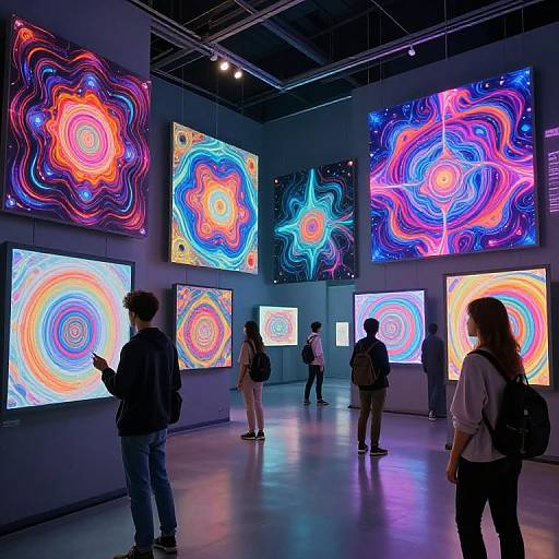 Photograph of a modern art gallery with six vibrant, abstract, neon-colored digital paintings on walls, viewed by five casually dressed visitors.