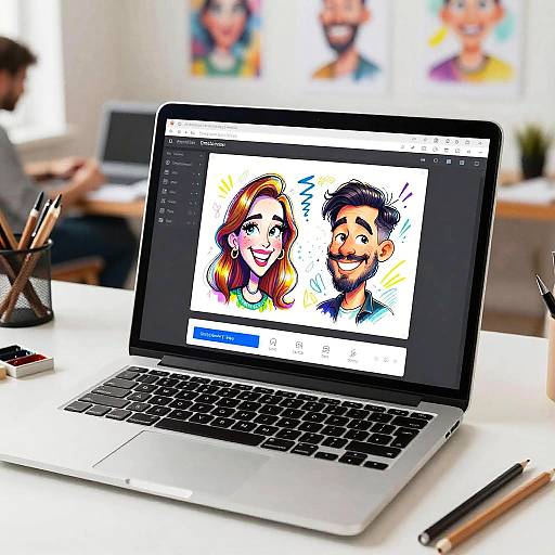 Photograph of a modern laptop displaying a colorful digital drawing of a smiling woman with red hair and a bearded man, in a bright, blurred office