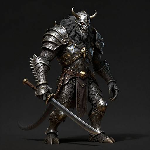 CGI fantasy warrior: muscular, horned, armored beast with glowing helmet, spiked gauntlets, sword, dark fur, black background, menacing