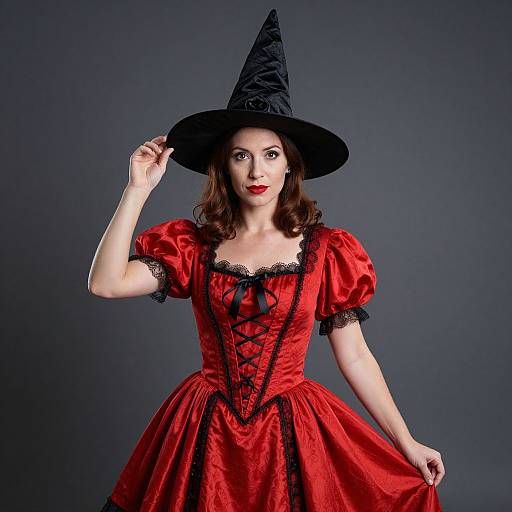 Photograph of a fair-skinned woman with red lipstick, wearing a black witch hat and red, lace-up, puffed-sleeve dress,