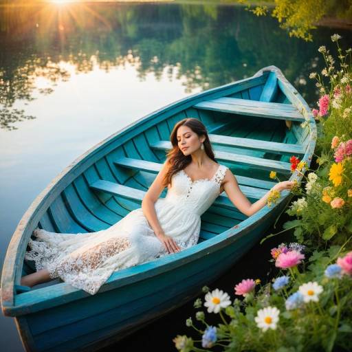 Woman in white dress on blue rowboat at sunset