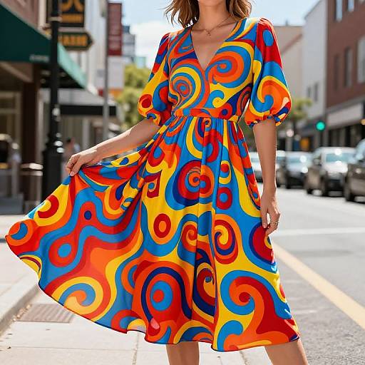 Photograph of a woman in a vibrant, 1960s-style, knee-length dress with bold, colorful swirl patterns (red, orange, blue
