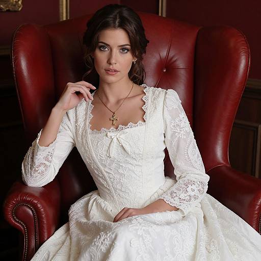 Photograph of a brunette woman with fair skin, wearing a white lace wedding dress, seated in a red leather armchair, gold cross necklace, dark