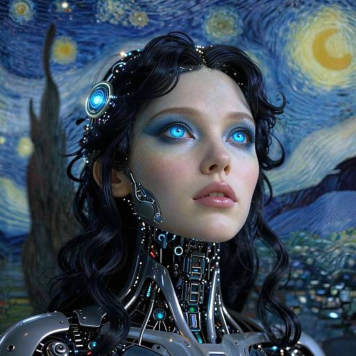 Digital art of a cybernetic woman with glowing blue eyes, black curly hair, and mechanical neck, set against a Starry Night background.