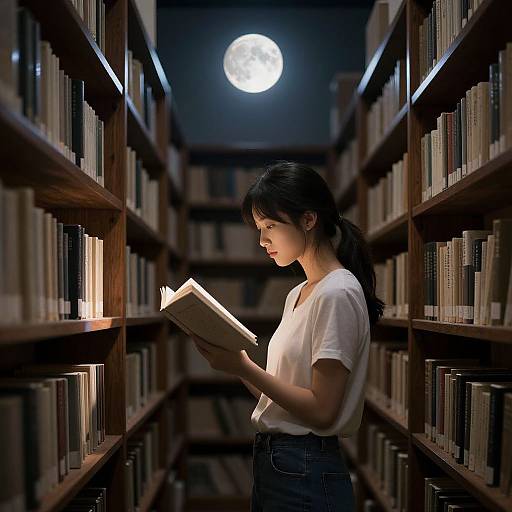 Photograph of an Asian woman with long black hair, wearing a white t-shirt and blue jeans, reading a book in a moonlit library aisle,