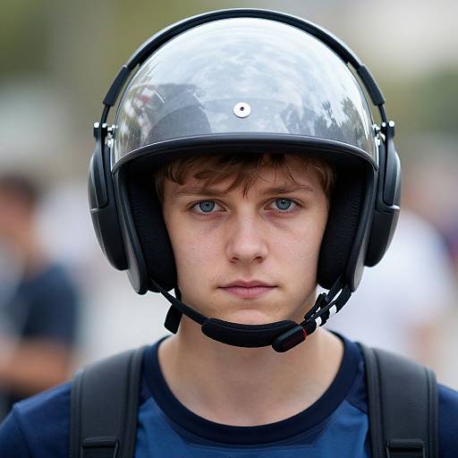 Photograph of a young white male with blue eyes, wearing a shiny black motorcycle helmet and dark blue shirt, with a blurred outdoor crowd in the background