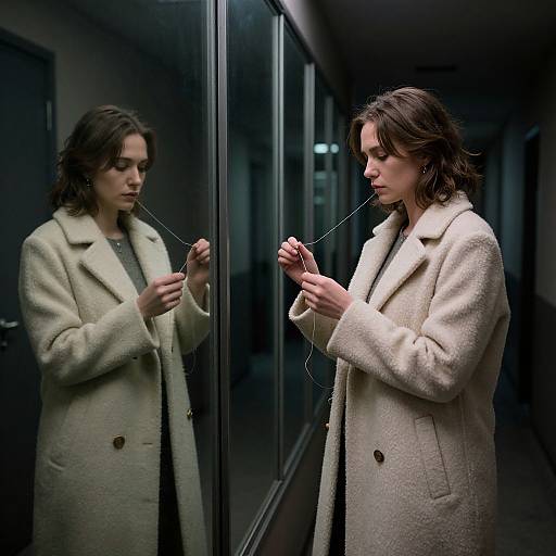 Photograph of a woman with wavy brown hair, wearing a beige coat, standing indoors, staring at her reflection while holding a string. Dimly