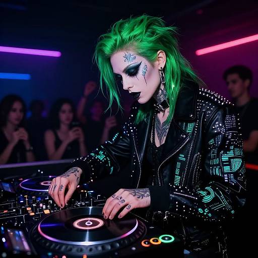 Photograph of a green-haired DJ with neon tattoos, black leather jacket, and glowing face, spinning records in a dark, neon-lit club.