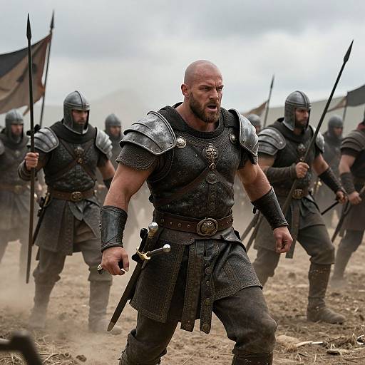 Photograph of muscular bald bearded warrior in medieval armor, leading charge with determined expression, surrounded by armed soldiers in helmets.