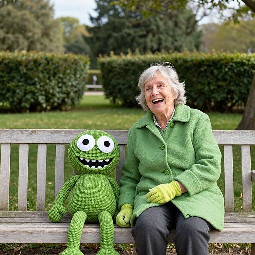 Photograph of an elderly woman with white hair, laughing, wearing a green coat and yellow gloves, sitting on a bench with a green, knitted