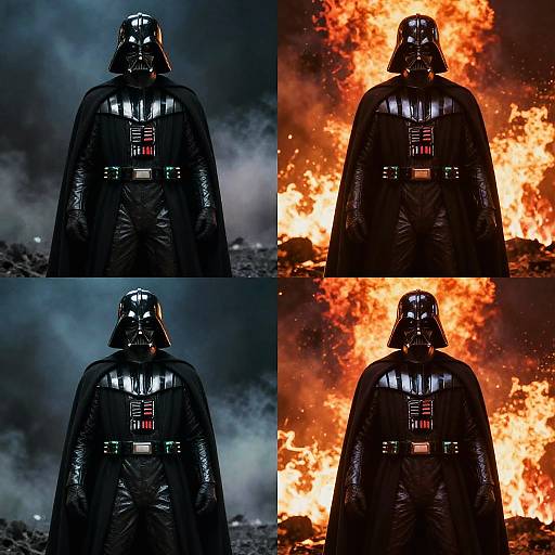 Photograph collage of Darth Vader in black, shiny armor with red lights, against a dark, stormy background and fiery explosion.
