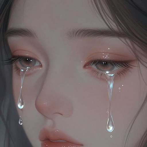 Digital art of a tearful young woman with fair skin, blue eyes, and dark hair, showing large tears streaming down her cheeks.