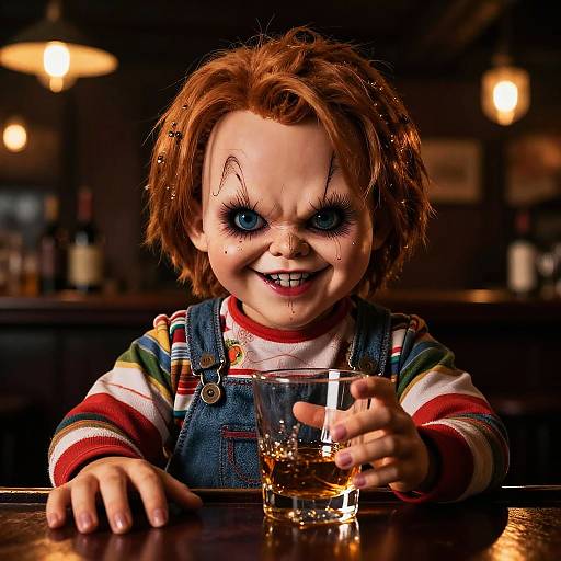 Photorealistic CGI of a sinister, red-haired child with exaggerated makeup, wearing striped shirt and overalls, smirking while holding a glass of