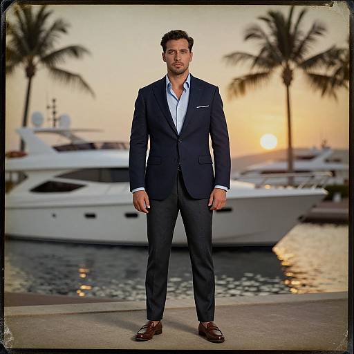 Confident Man by Luxury Yachts at Sunset
