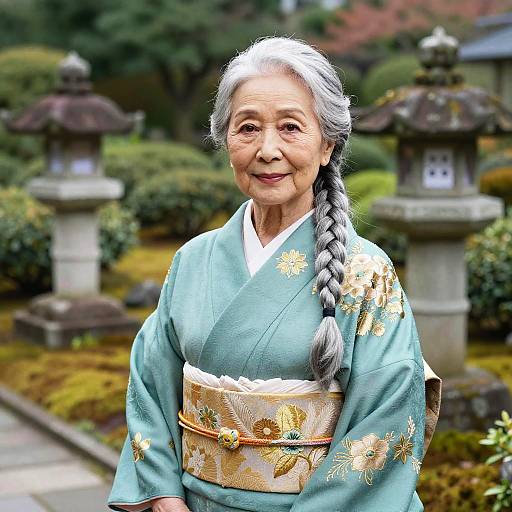 Elderly Woman in Ornate Kimono in Japanese Garden