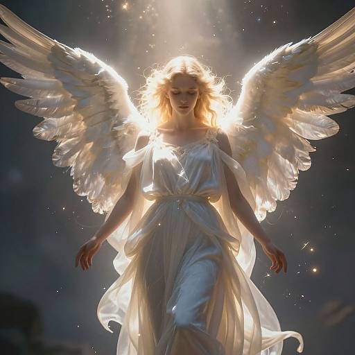 Photograph of a glowing, ethereal angel with white wings and flowing, translucent white dress, illuminated against a dark, starry background.