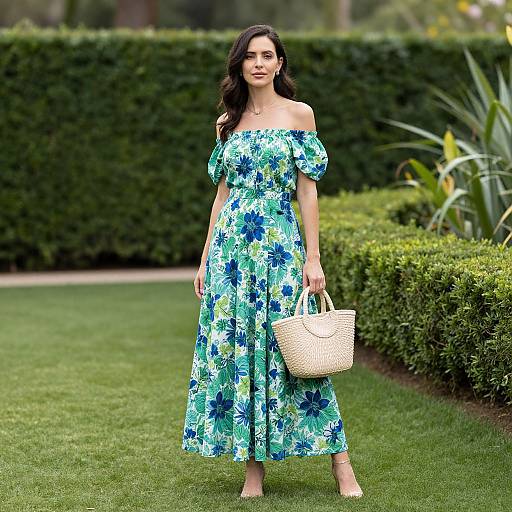 Photograph of a woman with long dark hair, wearing an off-shoulder floral blue and green dress, holding a white woven handbag, standing