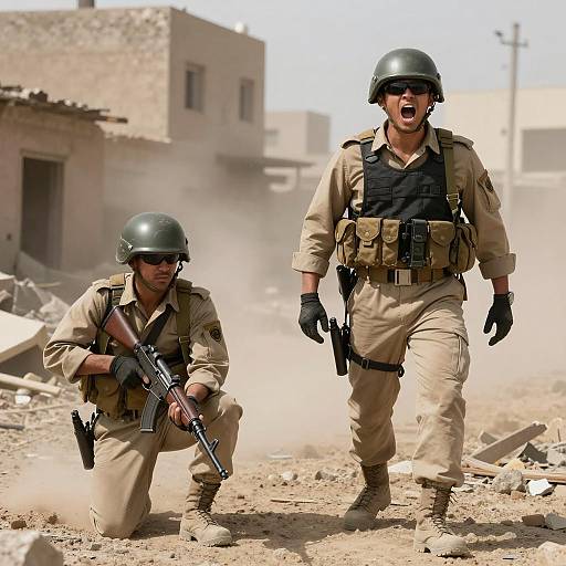 Intense Soldiers in War-Torn Environment