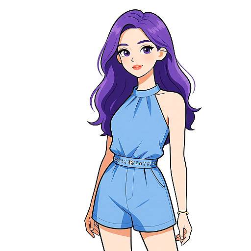 Digital anime-style drawing of a smiling woman with long purple hair, wearing a blue halter top and matching high-waisted shorts.