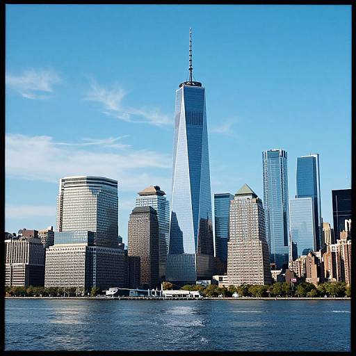 Photograph of New York City skyline with One World Trade Center towering over other skyscrapers under a bright blue sky. Waterfront in foreground.
