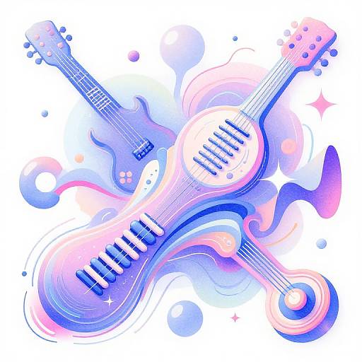 Digital illustration of two electric guitars intertwined with swirling blue, pink, and purple abstract patterns, featuring star-like sparkles and circular accents.