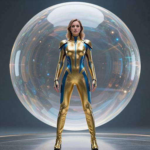 Photograph of a blonde woman in a gold and blue, form-fitting superhero suit, standing confidently in front of a large, glowing, transparent bubble
