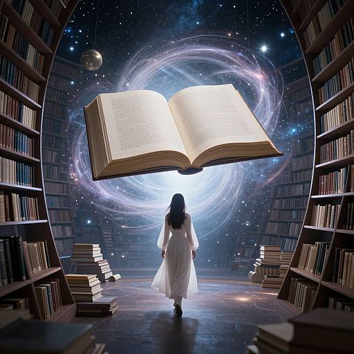 Digital artwork: A woman in a white robe walks toward an enormous, glowing open book suspended in a cosmic galaxy, surrounded by bookshelves filled with