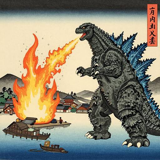 Godzilla Fire Breathing Over Japanese Village