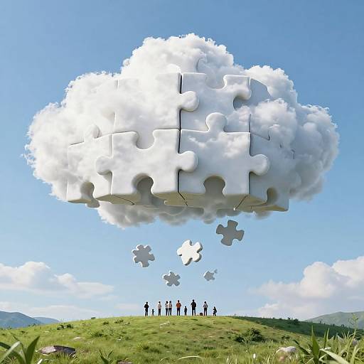 Photograph of a puzzle-piece cloud hovering above a grassy hill, with silhouetted people standing below, set against a bright blue sky.