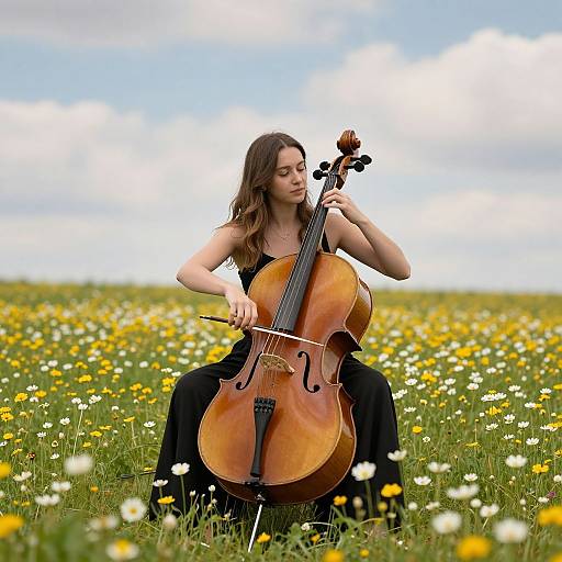 Photograph of a young woman with long brown hair playing a wooden cello in a vibrant, sunlit field of yellow and white daisies.