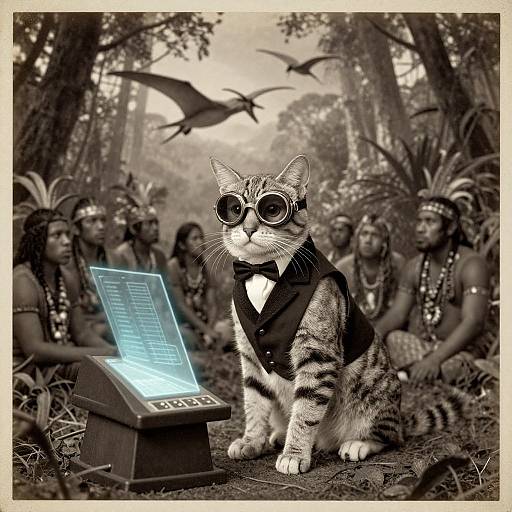 Sepia-toned photograph of a tabby cat in a tuxedo and round glasses, standing in front of a glowing podium, surrounded by Native