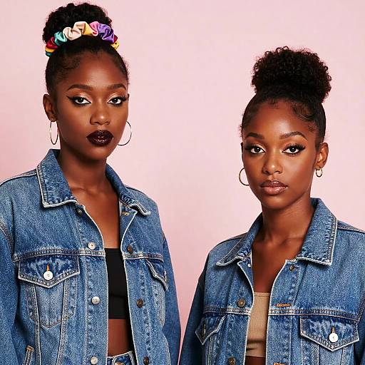 Photograph of two Black women with dark skin, wearing denim jackets, black tops, hoop earrings, and colorful hair accessories, standing against a white background