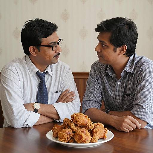 Two Men Talking Over Fried Chicken