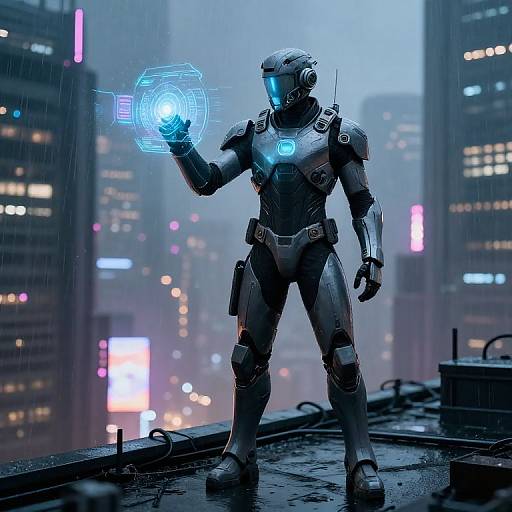 Digital artwork of a futuristic, blue-lit, armored robot with glowing eyes, standing on a rain-soaked rooftop, holding a holographic sphere in