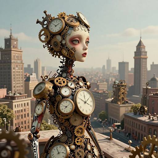 Steampunk clockwork woman with gears and clocks on her head and body, standing on rooftop overlooking a sunny, detailed cityscape.