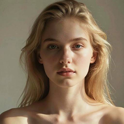 Photograph of a young woman with fair skin, blue eyes, and long blonde hair, lit by soft sunlight, against a neutral background.