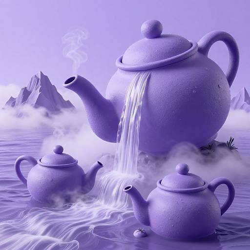 Monochromatic digital art of three large, textured, purple teapots with steam, one pouring water into a lake, surrounded by misty mountains