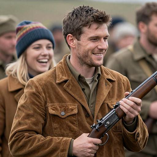 Joyful Duo with Vintage Rifle in Crowd