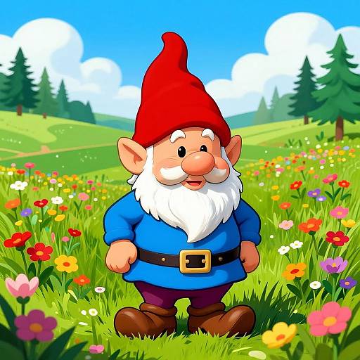 Colorful cartoon gnome with red hat, blue shirt, brown belt, and white beard stands in a vibrant flower field under a bright blue sky.
